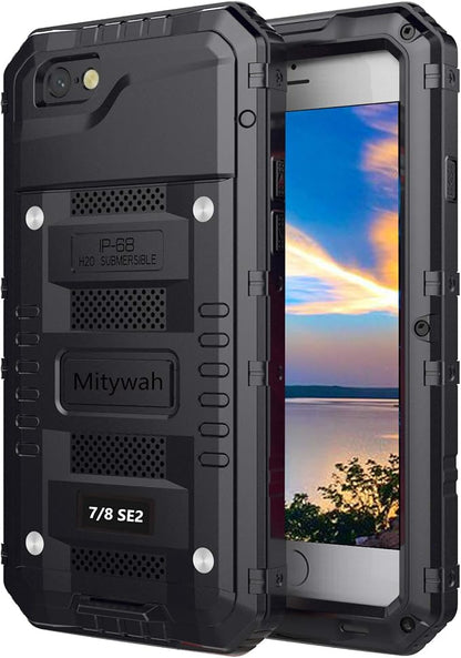 Mitywah Waterproof Case for iPhone SE 2020, Heavy Duty Durable Metal Full Body Protective Case Built-in Screen Protection Waterproof Shockproof Dustproof Rugged Military Grade Defender, Black