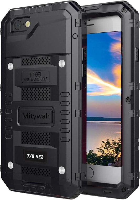 Mitywah Waterproof Case for iPhone SE 2020, Heavy Duty Durable Metal Full Body Protective Case Built-in Screen Protection Waterproof Shockproof Dustproof Rugged Military Grade Defender, Black
