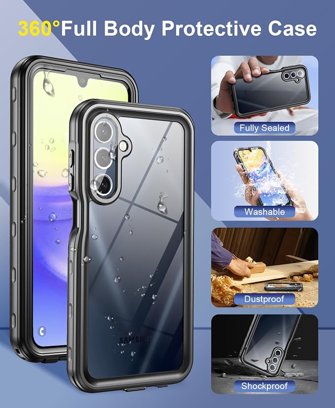 Beasyjoy for Samsung Galaxy A15 5G Case Waterproof, IP68 Underwater with Built-in Screen Protector, Full Body Military Grade Shockproof Dustproof Protective Rugged Cover, Black