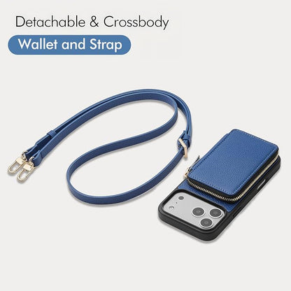 ZVE for iPhone 17 Pro Case Wallet with Crossbody Strap, Card Holder Leather Phone Cover with Wrist Strap 6.3" Navy Blue