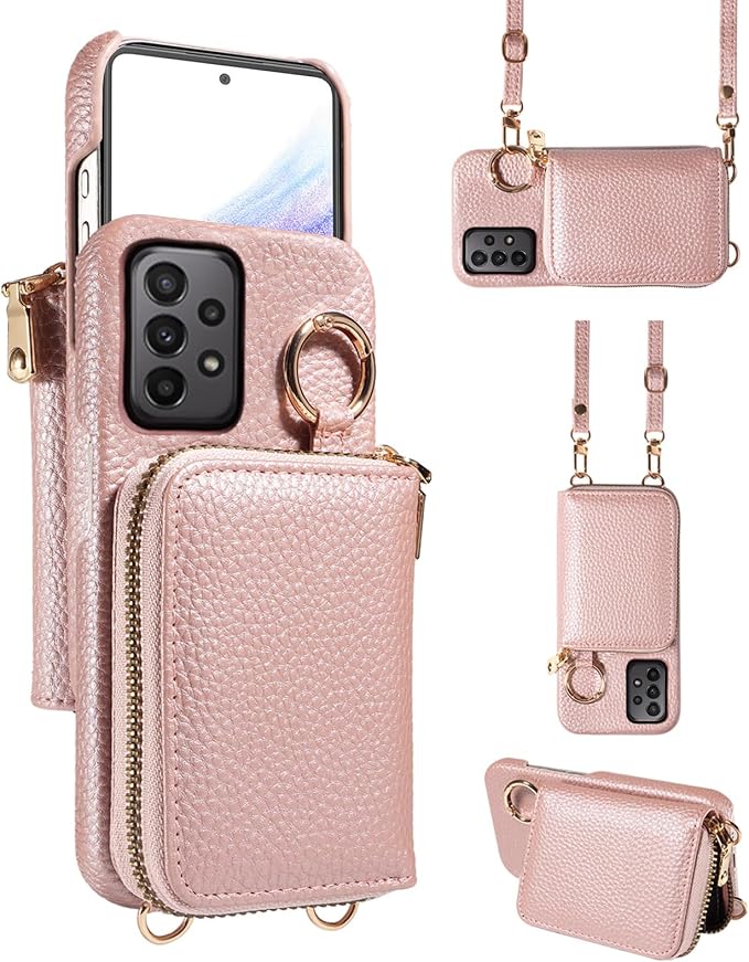 Wallet Case for Samsung Galaxy A53 5G & Shoulder Strap Ring Buckle, PU Leather Zipper Flip Organ Purse, Card Holder Stand Full Body Cell Phone Cover for A 53 G5 53A SM A536U 6.5" 2022 Rose Gold