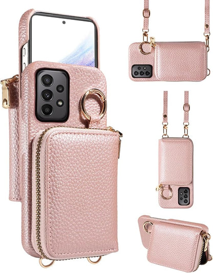 Wallet Case for Samsung Galaxy A53 5G & Shoulder Strap Ring Buckle, PU Leather Zipper Flip Organ Purse, Card Holder Stand Full Body Cell Phone Cover for A 53 G5 53A SM A536U 6.5" 2022 Rose Gold