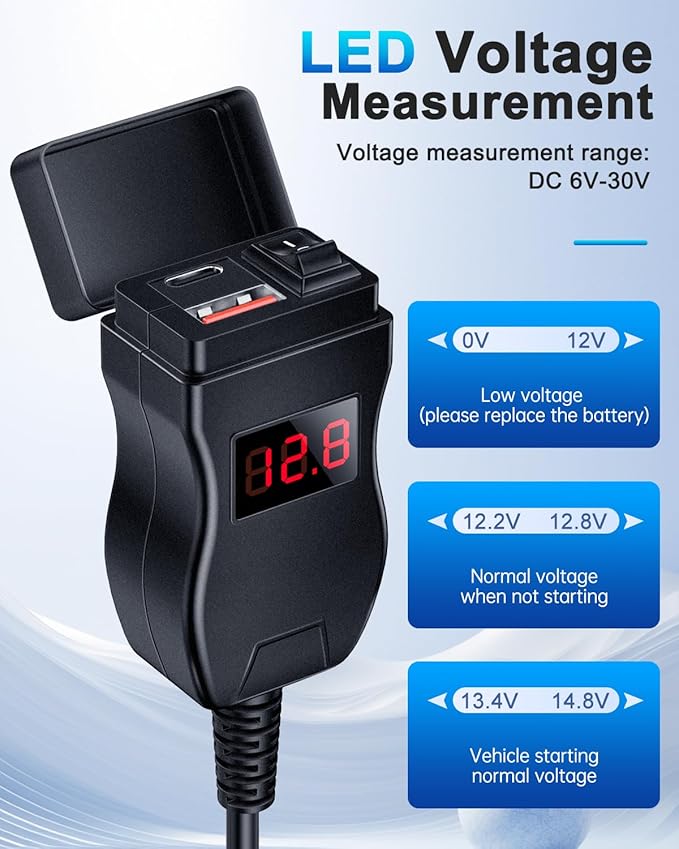 EXTRACTME Motorcycle USB Charger, Dual USB Type C PD & Quick Charge 3.0 Motorcycle Phone Charger with Voltmeter & ON/Off Switch, Waterproof Motorcycle Accessories for All Phone, Tablet, GPS