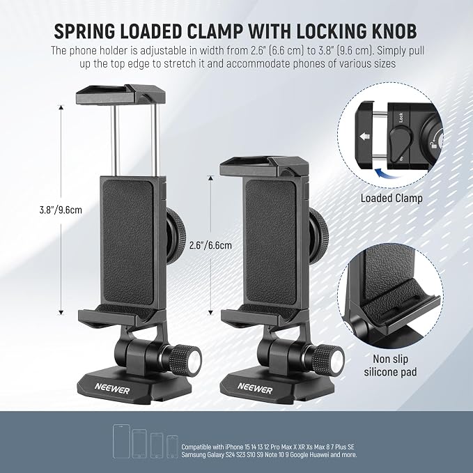 Neewer Phone Tripod Mount Adapter with Arca Type QR Base, Cold Shoe, 1/4" 3/8" Holes, 360° Swivel 180° Tilt, Phone Holder Compatible with iPhone Samsung Arca Swiss DJI RS 4 Pro 3 2 Stabilizer, SP-18