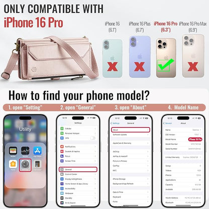 Strapurs Wallet Case Compatible with iPhone 16 Pro 6.3" RFID Blocking 10-Card Holder Soft PU Leather Magnetic Snap Shoulder Strap Zipper Pocket Phone Case Fit for iPhone 16 Pro for Women - Rose Gold