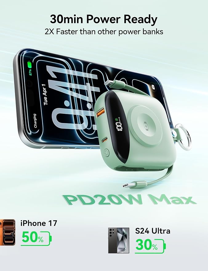 Portable Charger Power Bank, 10000mAh Fast Charging Power Bank with Built-in Cables, Travel Keychain Battery Pack with LED Display for iPhone Samsung Android iPad iWatch Charger 11/10/9/8/Ultra,Green