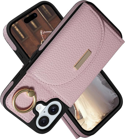 Keallce Wallet Case for iPhone 16 Plus 6.7'', Flip Case with Card Slots, Ring Holder Kickstand, PU Leather Protective Folio Cover for Women, Pink