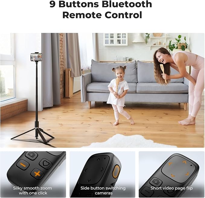 K&F CONCEPT 69" Selfie Stick, Pop Open & Quick Fold Phone Tripod, 360° Rotatable Selfie Stick with 9 Button Bluetooth Remote, Cell Phone Tripod for Travel, Live Streaming, Vloggers
