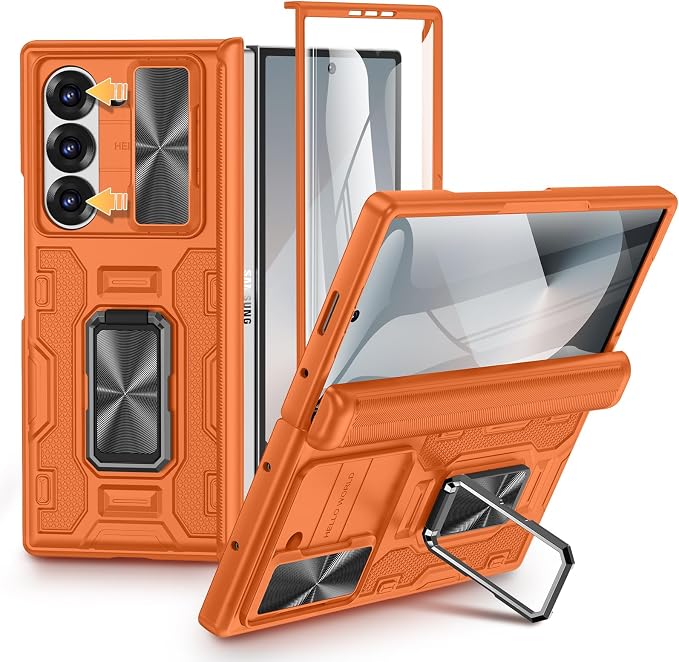 VEGO for Z Fold 6 Case with Screen Protector Built-in Kickstand, Orange | Camera Lens Cover[Hinge Protection] Full Body Shockproof Anti-Drop Protective Phone Case for Samsung Galaxy Z Fold 6