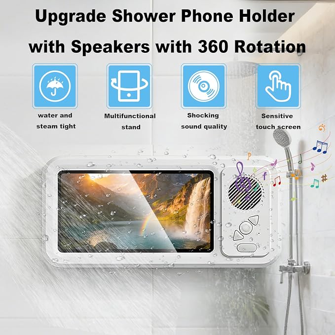 Wall Mount Shower Phone Holder Waterproof,Bathroom Accessories,Waterproof Phone Case,Shower Phones Holder With Speaker,360° Rotation,Suction Cup Bathroom Case Mount Shelf (White)