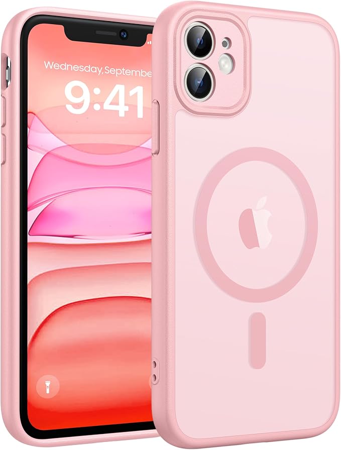 FNTCASE for iPhone 11 Case: [Compatible with Magsafe] Translucent Matte Magnetic Cases [Full Camera Protection] Military Grade Shockproof Protective Phone Cover - Light Pink