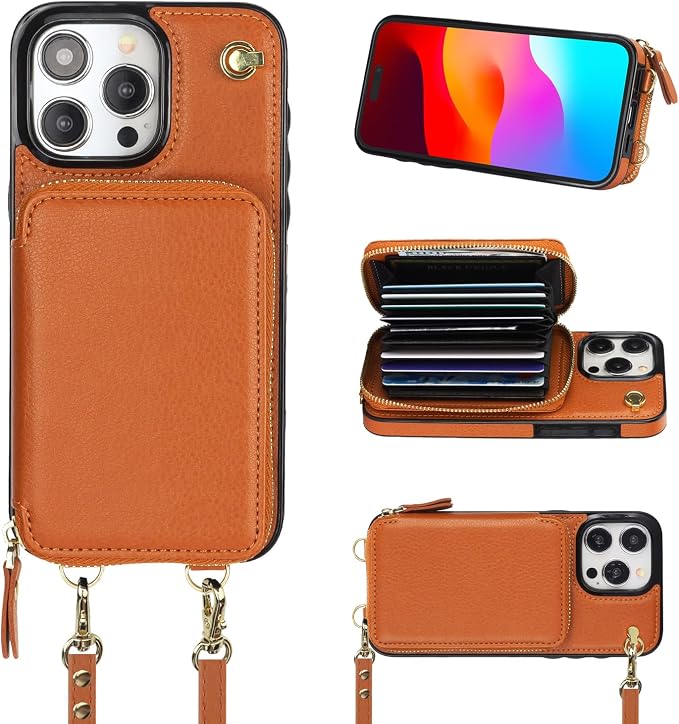 Bocasal Crossbody Wallet Case for iPhone 15 Pro Max, RFID Blocking Leather Purse Case with Card Holder, Protective Handbag Flip Cover with Zipper Wrist Strap Lanyard for Women 5G 6.7 Inch (Brown)