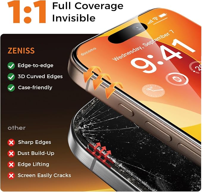 NeverBreak 9H+ Hardness for iPhone 16 Pro Max Screen Protector 12FT Military Grade Protection (Scratch, Shatter, Drop Resistance) Tempered Glass Full Edge Coverage 6.9" 2 Pack with De-Bubble Card
