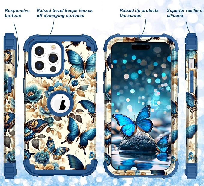 Hocase for iPhone 15 Pro Max Case, Heavy Duty Shockproof Protection Soft Silicone Rubber Bumper+Hard Plastic Hybrid Protective Case for iPhone 15 Pro Max 6.7" 2023 - Blue Butterflies