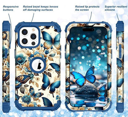 Hocase for iPhone 15 Pro Case, Heavy Duty Shockproof Protection Soft Silicone Rubber Bumper+Hard Plastic Hybrid Protective Case for iPhone 15 Pro 6.1" 2023 - Blue Butterflies