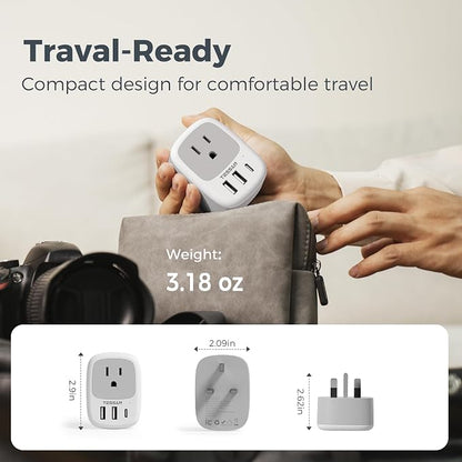 TESSAN US to UK Plug Adapter, Type‑G Adaptor 3‑Pack | 3 USB Ports (1 USB‑C), for Ireland Scotland Dubai Hong Kong Kenya London England