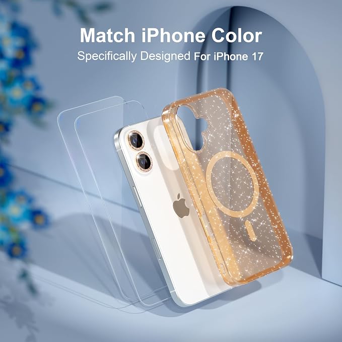 Choiche Magnetic for iPhone 17 Case Compatible with MagSafe, Women Cute Glitter Sparkly Phone Case with Diamond Camera Lens Protectors, Military-Grade Drop Protection 6.3" (Gold)