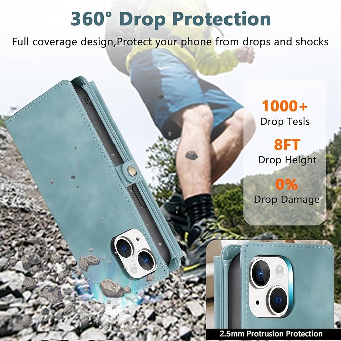 Wallet Case for iPhone 14 with Card Holder/Crossbody Wallet/Strap| RFID Blocking | Magnetic | Kickstand | Detachable | PU Leather Phone Case for iPhone 14,6.1 in,Blue