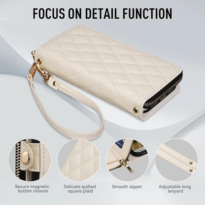 Rssviss Crossbody Case for iPhone 17 Pro Case Wallet, RFID Blocking Leather with Card Holder Kickstand, Handbag Zipper Flip Cover with Wrist Strap for iPhone 17 Pro Men Women 6.3", White