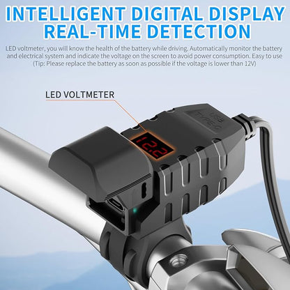 Motorcycle USB Charger, Dual USB Type C 30W PD & QC 3.0 Motorcycle Phone Charger with Voltmeter & ON/Off Switch, Waterproof ATV/Motorcycle/Dirt Bike Charger for Phone, Tablet, GPS...