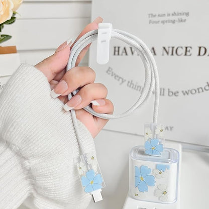 Lovmooful Compatible for iPhone 18W/20W USB-C Charger Cover Clear Lovely Flower Floral Design Soft Charger Protector Cute Cable Case Saver Protector for Girls Women-Big Blue Flower