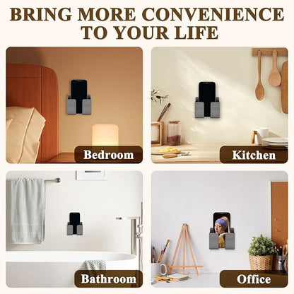 2 Pcs Wall Mount Phone Holder with 3M Adhesive Phone Stand with Data Cable Receiving Hole, Charger Remote Control Storage Box for Bedroom, Kitchen, Bathroom, Office (Gray)