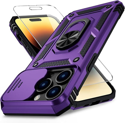 Vinve for iPhone 14 Pro Max Case with Slide Lens Cover HD Screen Protector, Military Grade Drop Protection, Magnetic Rotated Ring Holder Kickstand Protective Phone Case (Deep Purple)