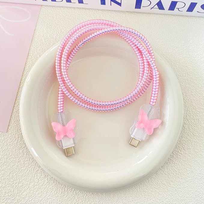 Charger Cover Set, Compatible with Apple 40W Dynamic Power Adapter (with 60W Max), DIY 3D White Floral Wave Transparent Soft Charger Case + Spiral Data Cable Protector, Pink Butterfly (5in1)
