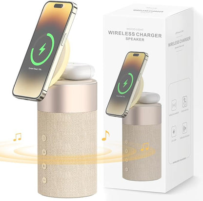 COLSUR Bluetooth Speaker, Magnetic Wireless Charger, Bluetooth Speakers with Night Light, 2 in 1 Wireless Charging Station for iPhone 17/16/15/14/13/12 Series, AirPods Pro 2/4/3/2（Gift Ideal）(Yellow)