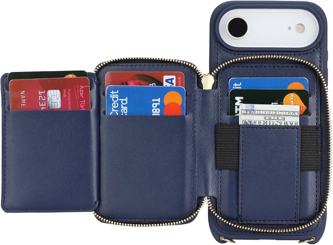 Crossbody Wallet Case for iPhone Air, PU Leather Zipper Handbag Purse Flip Cover, Kickstand Folio Case with Card Slots Holder Wrist Strap Lanyard 5G 6.5 Inch-Blue