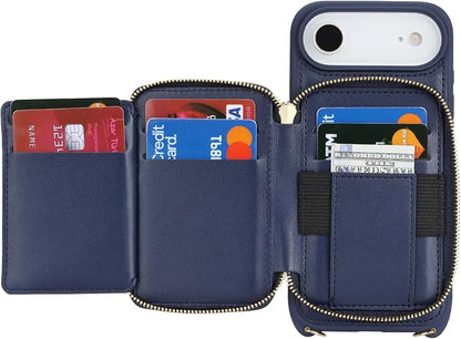 Crossbody Wallet Case for iPhone Air, PU Leather Zipper Handbag Purse Flip Cover, Kickstand Folio Case with Card Slots Holder Wrist Strap Lanyard 5G 6.5 Inch-Blue