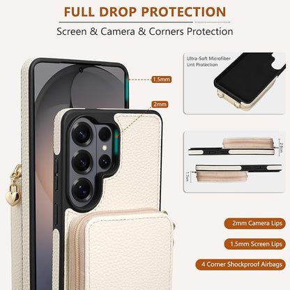 Keallce Wallet Case for Samsung Galaxy S26 Ultra 6.9",Crossbody Zipper Purse with RFID Blocking Card Slots Kickstand, Lanyard & Handstrap Flip Folio Leather Phone Cover for Galaxy S26 Ultra, White