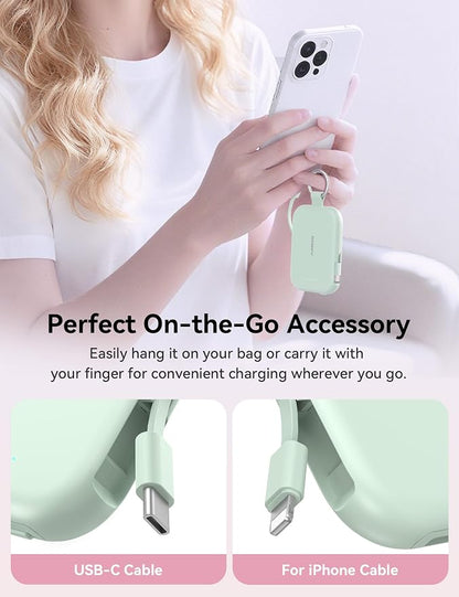 RORRY CharmGo Portable Charger, 5000mAh Portable Charger Power Bank with Built-in Cables, Travel Keychain Charger Battery Pack for iPhone 17/16/15/14/13/12, for AirPods 2/3/4/Pro, Green