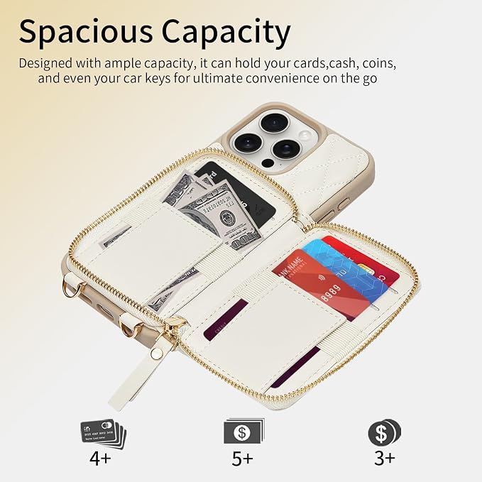 ZVE Wallet Case for iPhone 15 Pro Max with Card Holder, 360° Rotation Ring Stand Crossbody Zipper Wallet Lanyard Case for iPhone 15 Pro Max 6.7 Inch-Beige