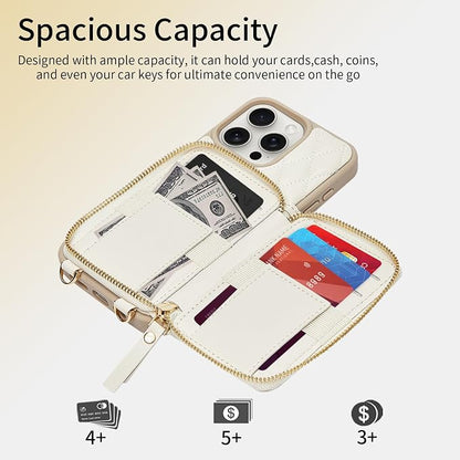 ZVE Crossbody Wallet Case for iPhone 14 Pro Max with Wrist Strap Protective Leather Lanyard Case with Card Slot Ring Holder for iPhone 14 Pro Max 6.7 Inch-Beige