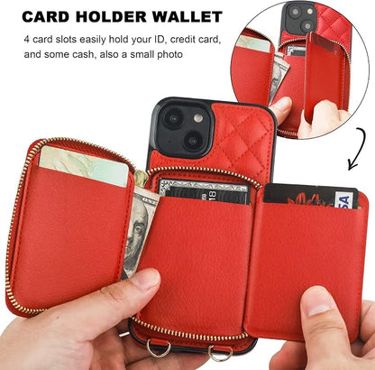 Bocasal Crossbody Wallet Case for iPhone 14, RFID Blocking PU Leather Zipper Handbag Purse Flip Cover, Kickstand Folio Case with Card Slots Holder Wrist Strap Lanyard 5G 6.1 Inch (Red)