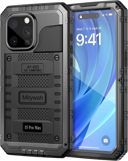 Mitywah Wateproof Case for iPhone 15 Pro Max, Heavy Duty Metal Cover for Swimming and Outdoor Adventures, Military Grade Shockproof Full Body Phone Case with Built-in Screen Protector, 6.7", Black