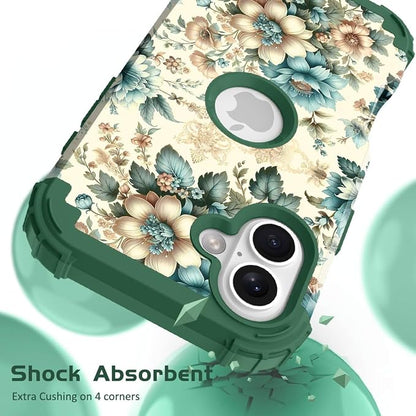 Hocase for iPhone 16 Case 6.1", Heavy Duty Shockproof Protection Soft Silicone Rubber+Hard Plastic Bumpers Hybrid Protective Case for iPhone 16 2024 - Teal Blue Flowers