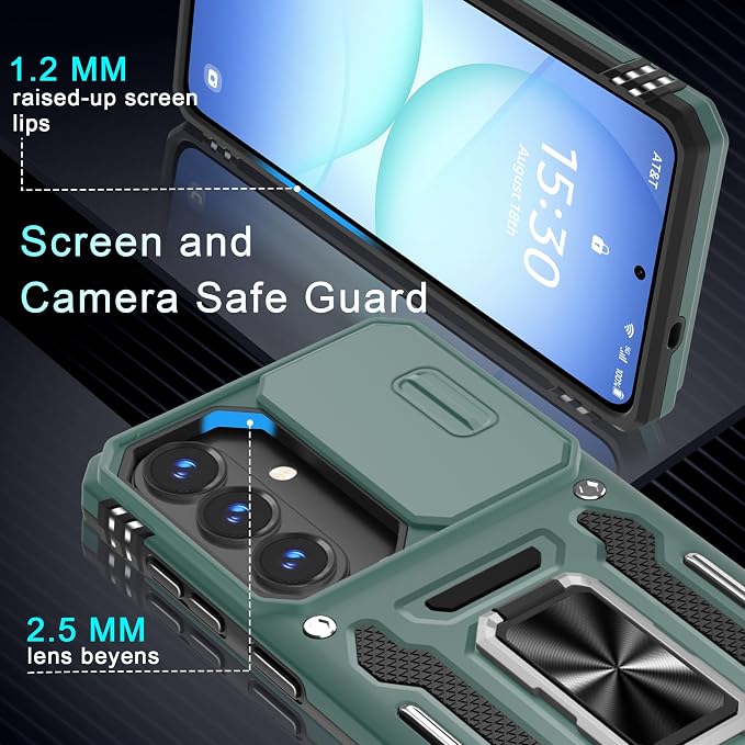 DEERLAMN Case for Samsung Galaxy A37 5G with Slide Camera Cover+Screen Protector (1 Pack), Rotated Ring Kickstand Military Grade Shockproof Protective Cover-Green