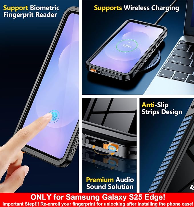 SPIDERCASE Only for Samsung Galaxy S25 Edge Case Waterproof, Built-in Screen & Camera Lens Protector[IP68] [Military Grade Shockproof] Full Protection Only for S25 Edge 6.7”, Black/Clear
