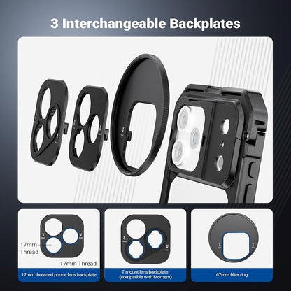 NEEWER Phone Cage Kit Compatible with iPhone 17 Pro Only, Video Rig Stabilizer Accessories with 67mm Filter Ring, 17mm & T Mount Lens Backplates, Quick Release Bluetooth Handle, PA143 (Black)
