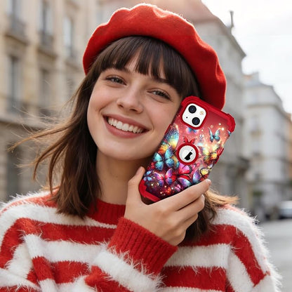 Hocase for iPhone 15 Plus Case, Heavy Duty Shockproof Protection Soft Silicone Rubber Bumper+Hard Plastic Hybrid Protective Case for iPhone 15 Plus 6.7" 2023 - Shimmering Butterflies in Red