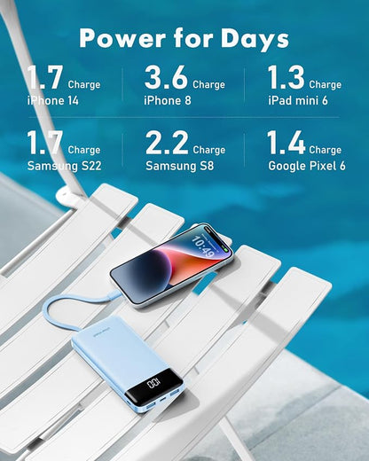 charmast Portable Charger with Reinforced Built-in 4 Cables,10000mAh Power Bank Travel Essentials 6 Outputs 3 Inputs 3A Fast Charging Compatible with iPhone iPad Samsung Google Pixel LG Moto