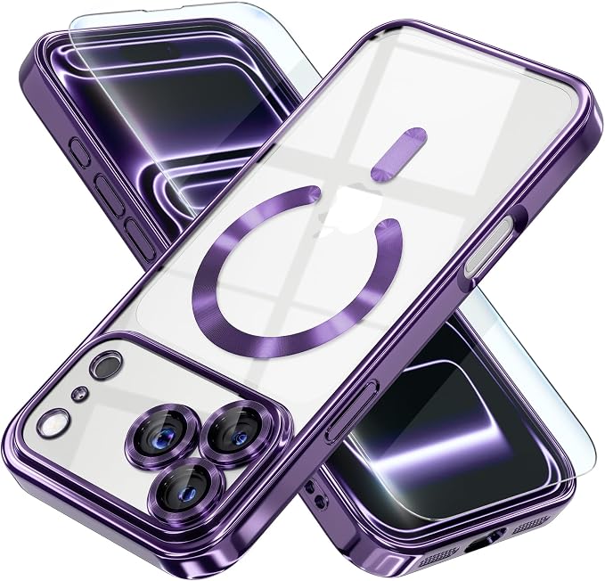 Misea Magnetic for iPhone 17 Pro Case Compatible with MagSafe [Never Yellowing] [Military Grade Drop Protection] Full Camera Lens Protector Plating Soft Clear Phone Case for Women, Deep Purple
