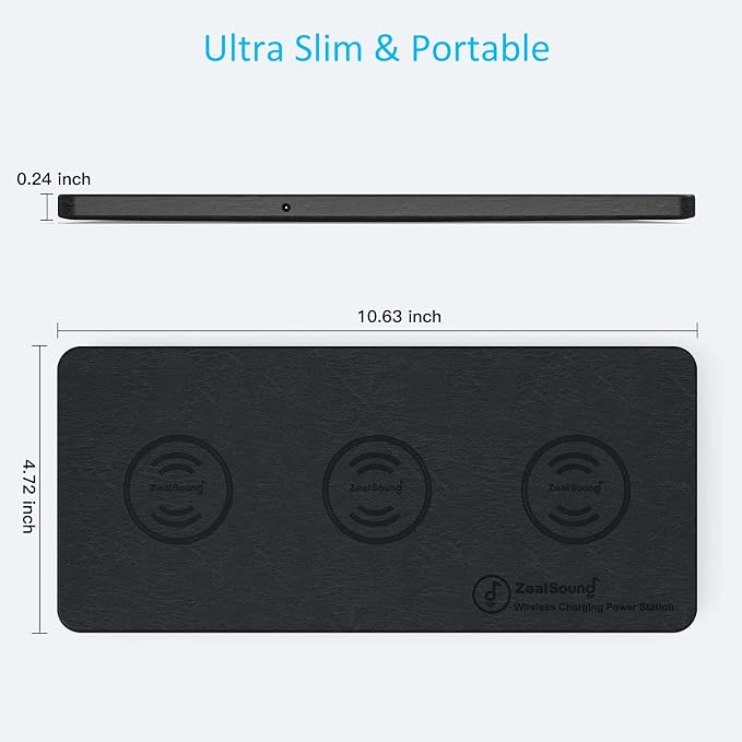 Wireless Charging Pad, ZealSound Ultra-Slim Triple Charger Station for Multiple 3 Devices & New Airpods Ultra Slim PU Leather Wireless Charging Mat W/AC Adapter for Smartphone Phone (Black)