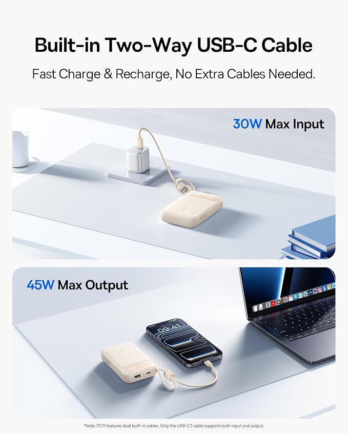 Baseus 20000mAh Compact Portable Charger 45W, CCC Certified Power Bank Built-in USB-C Cables, Travel Essential PD Fast Charging Battery Pack for iPhone 17/16 Series Galaxy S25/S24 Ultra Google iPad