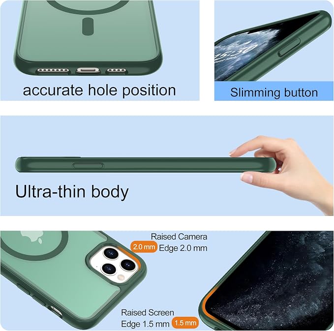 For iPhone 11 Pro Max Case [Compatible with Magsafe] Translucent Matte Magnetic Case with Screen Protector,SlimThin Shockproof Military Grade Drop Protection Cover for iPhone 11 ProMax-Dark green