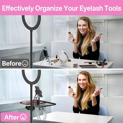 Adjustable Metal Lash Tray Holder for Ring Light & Lash Techs - Clip-On Organizer Tray with Phone Holder, Mirror Hook & Height Control for Eyelash Extensions Supplies (Salon/Home Use)