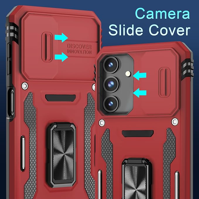 DEERLAMN Case for Samsung Galaxy A15 5G with Slide Camera Cover+Screen Protector (1 Pack), Rotated Ring Kickstand Military Grade Shockproof Protective Cover-Red