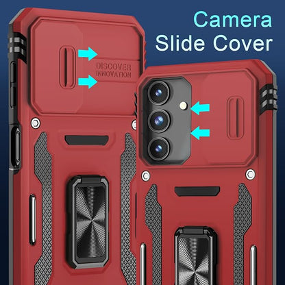 DEERLAMN Case for Samsung Galaxy A15 5G with Slide Camera Cover+Screen Protector (1 Pack), Rotated Ring Kickstand Military Grade Shockproof Protective Cover-Red